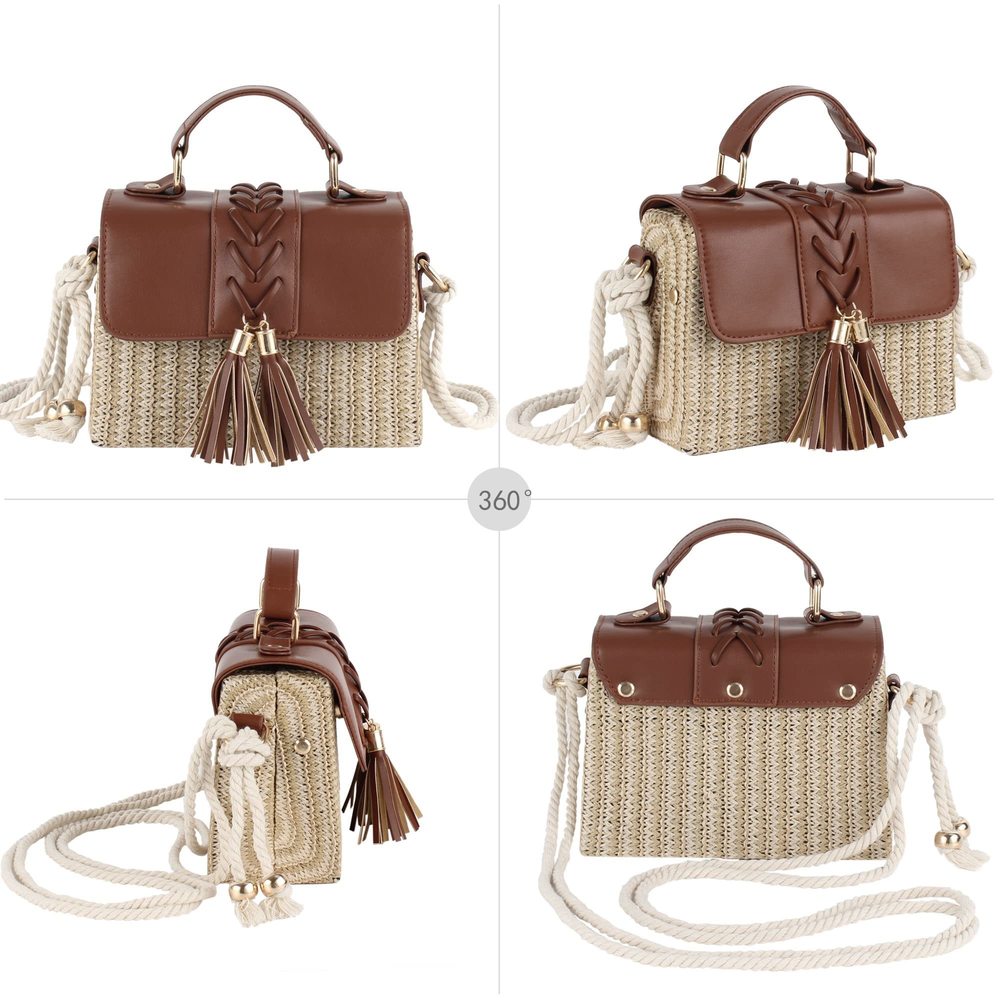 Mini Braided Tassels Straw Woven Cross-Body Bag Pu Leather Flap B) - Picture 4 of 7